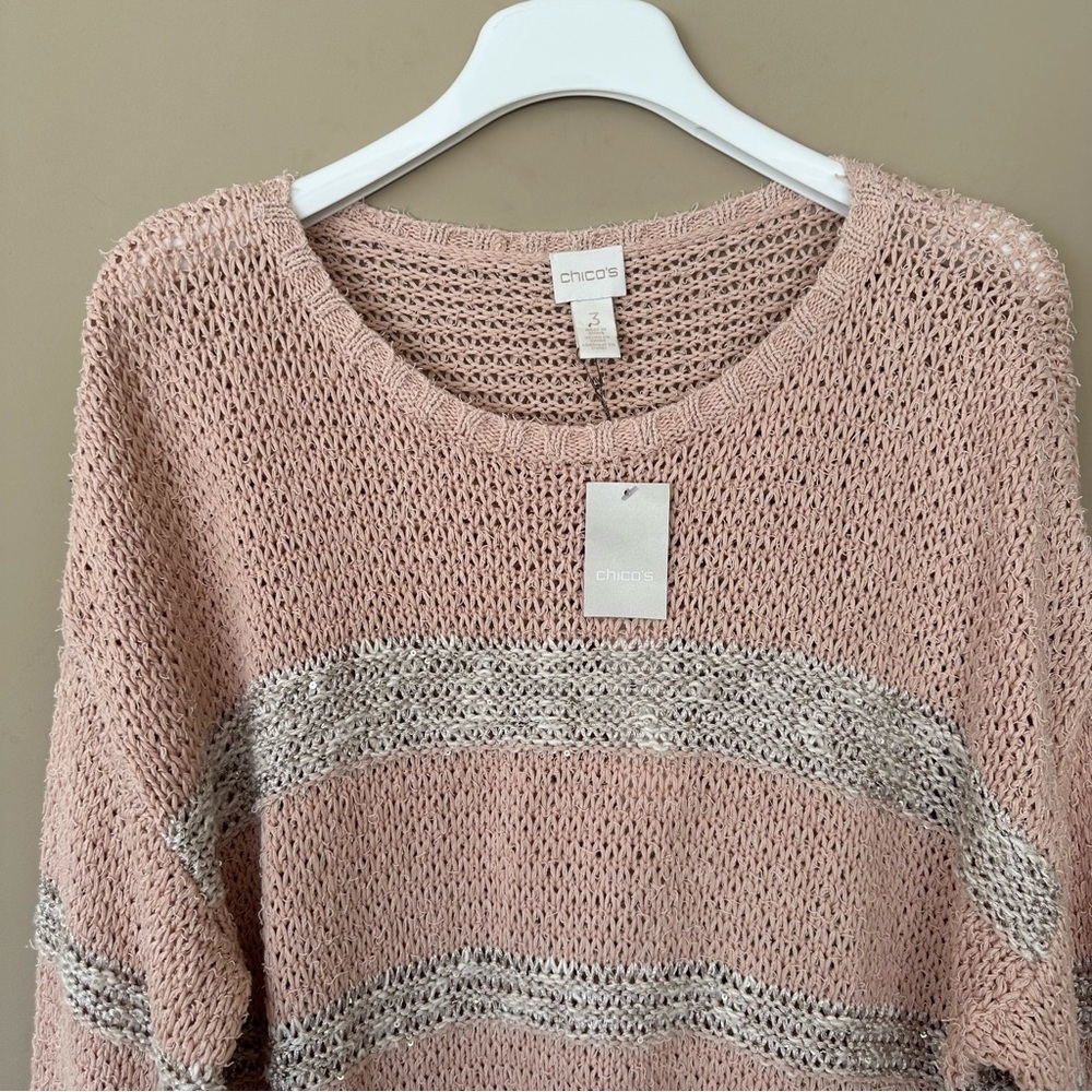 Chico’s Large (3) Pink Sweater Marley Sparkle Stripe Pullover Tunic Length Fall - Picture 4 of 9